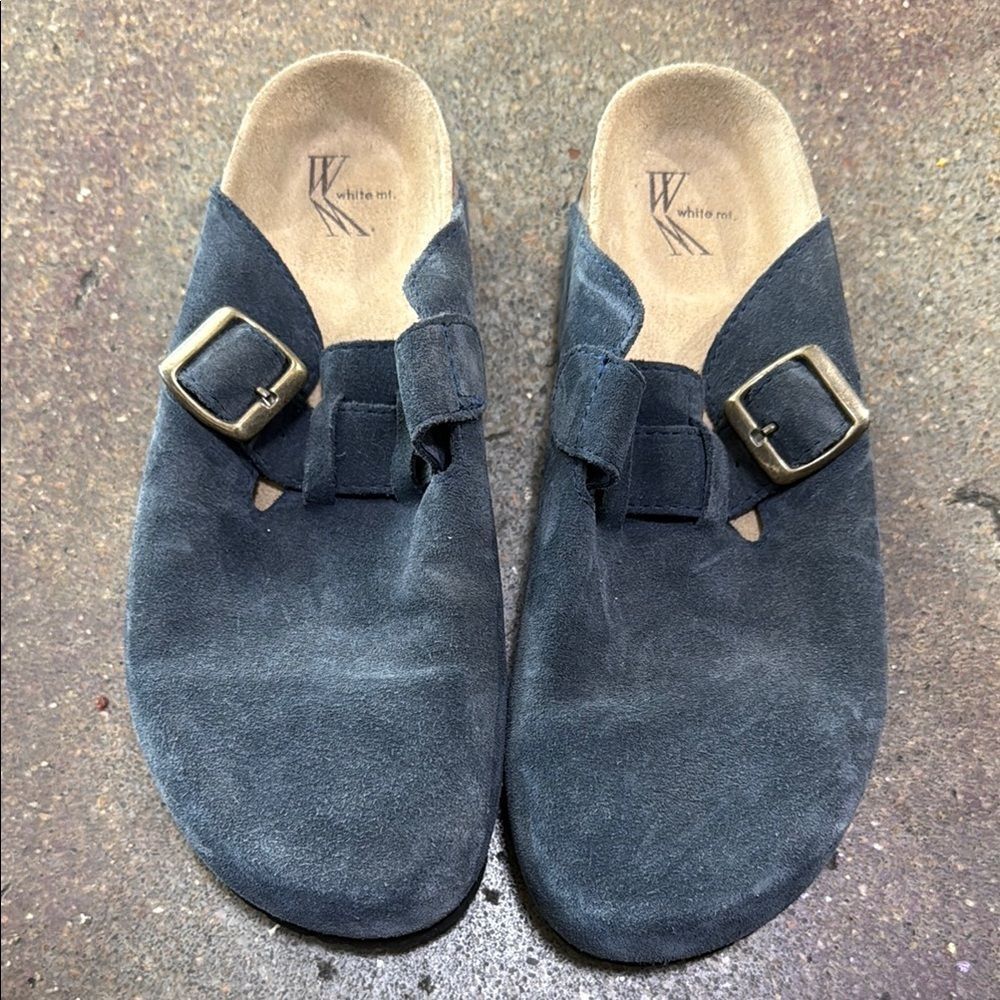 White Mountain Navy Suede Mules with Buckle